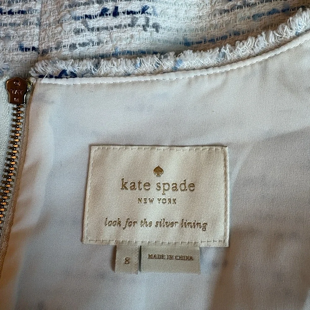 Kate Spade New York Tweed V-Neck Sheath Dress White Navy Fringe Boucle Size 8